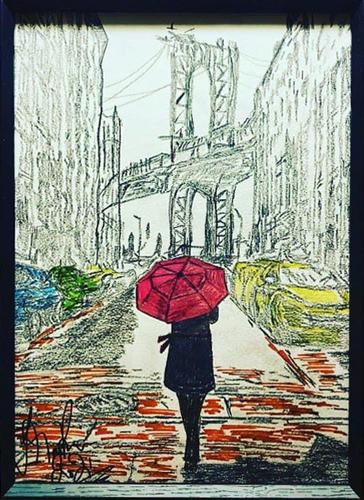 drawing of a day in Brooklyn, and a man standing in the road with a red umbrella 