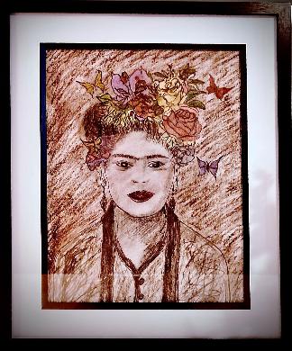 Framed pencil and Charcoal drawing of Frida Kahlo