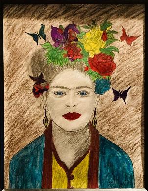 Framed pencil and watercolour painting of Frida Kahlo