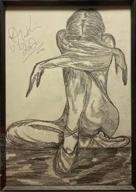 Framed pencil drawing of sitting posed ballet dancer