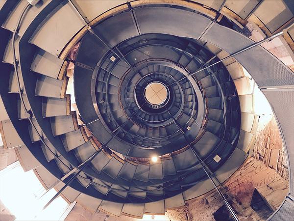View looking up spiral stair case in Lighthouse